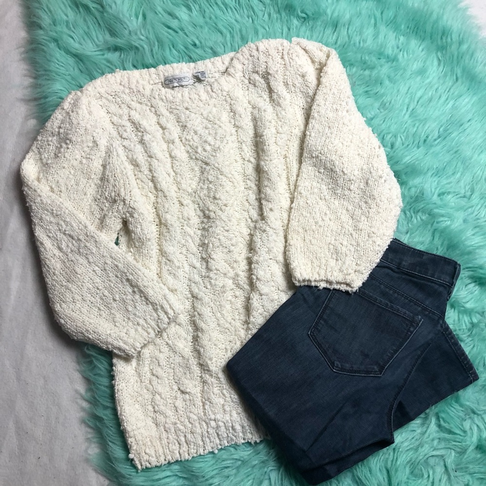Pretense knit sweater sleeve poof pearls shoulder cream size large